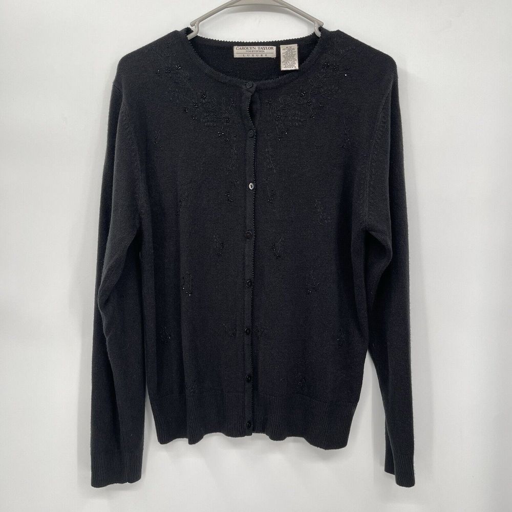 Carolyn Taylor Medium Cardigan Women Black Beaded‎ Floral Embroidered Sweater